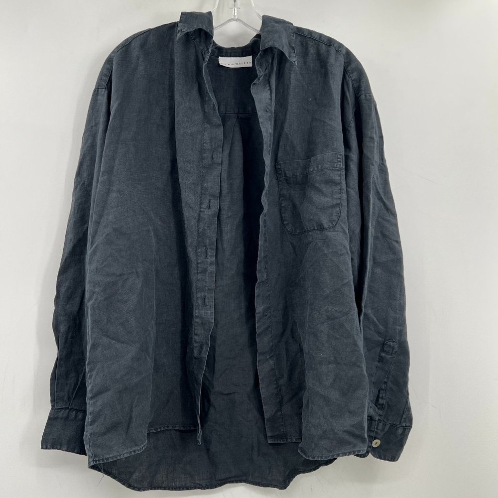 Bryn Walker Linen Button Up Long Sleeve Top Black oversized Lagenlook